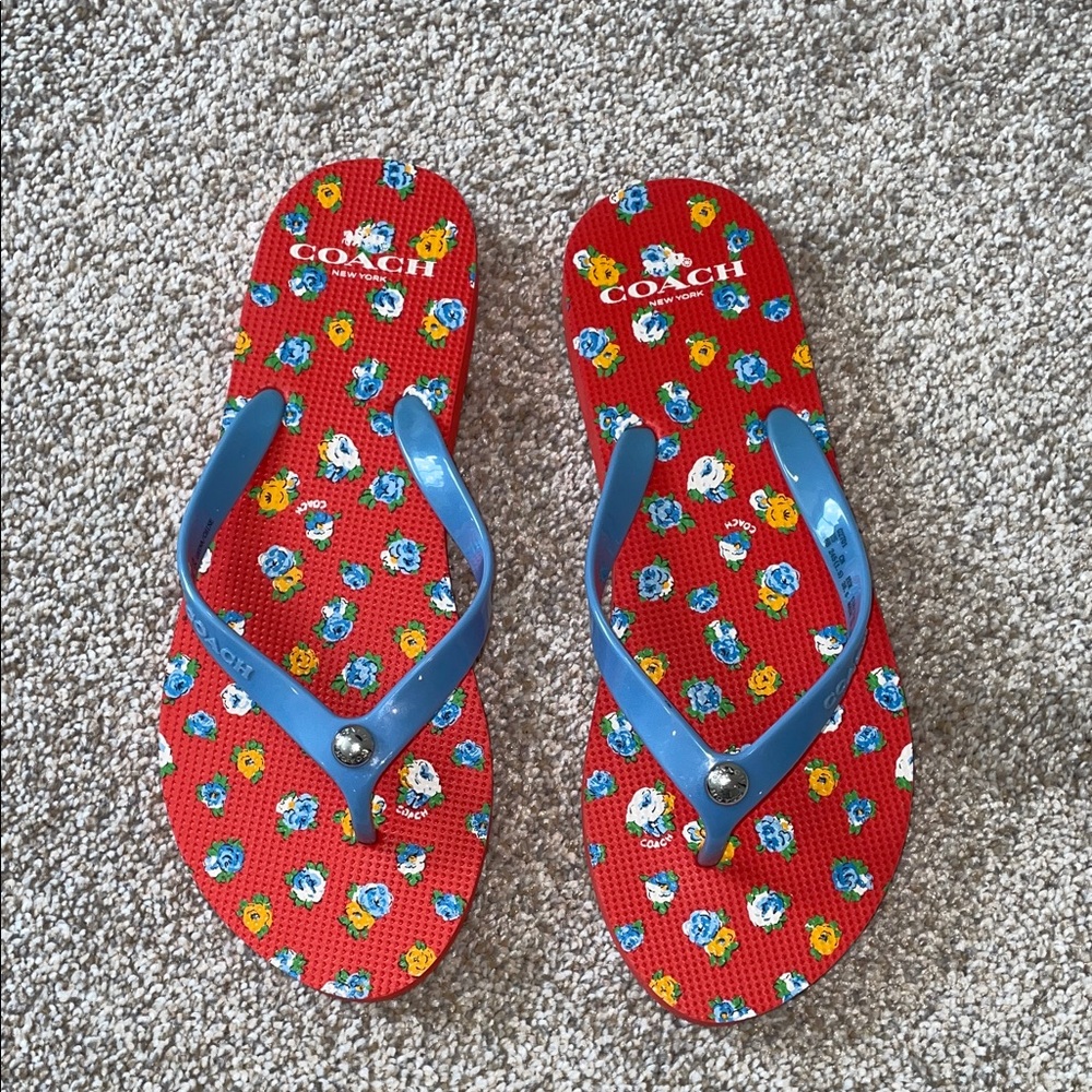 Coach Floral Flip Flops with Blue Straps